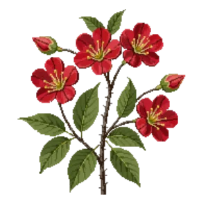 Illustration of Flowering quince 'Crimson and Gold'